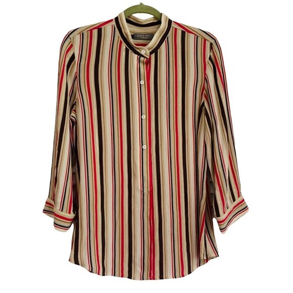 Kate Hill 100% Silk Button Shirt Top Women Pink Tan Brown Stripe Size 10 Sequenc - Picture 1 of 9